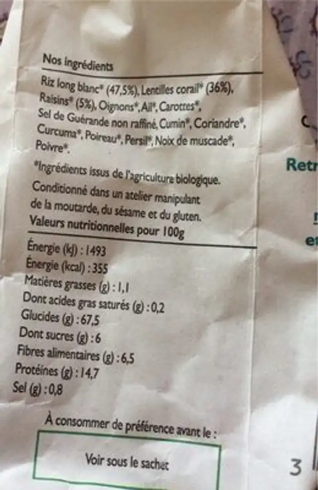 Mujdarra libanaise riz et lentilles corail aux raisins secs nutrition facts table