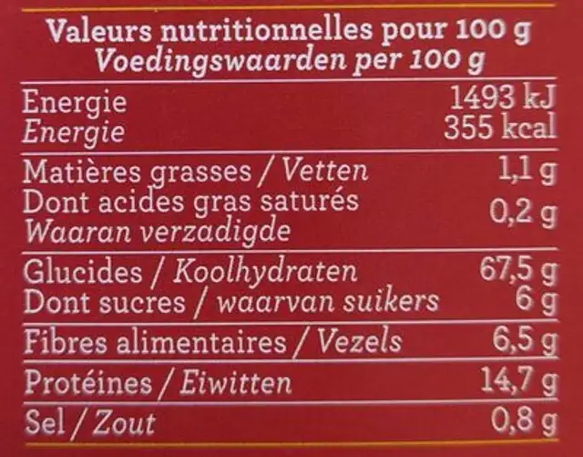 Mujadarra Libanaise riz & lentilles corail nutrition facts table