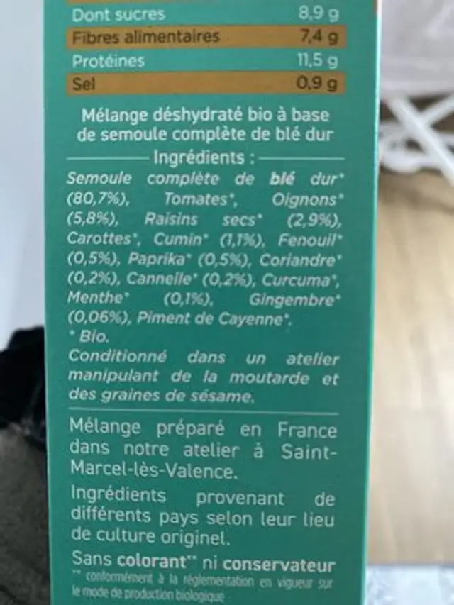 Couscous de blé complet aux mille épices & raisins secs ingredients label