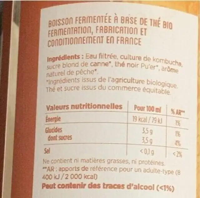 Kombucha nutrition facts table