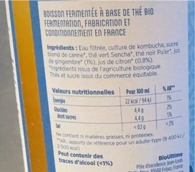 KOMBUCHA gingembre citron nutrition facts table