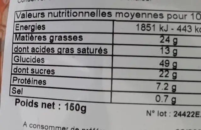 Palets noisettes nutrition facts table