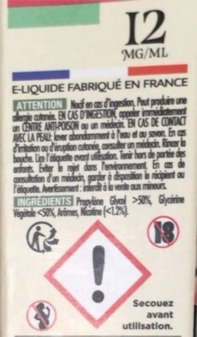 E liquide nutrition facts table