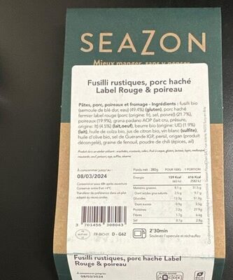 Fusilli rustiques, porc haché Label rouge & poireau