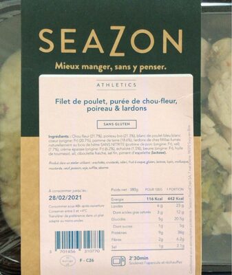 Filet de poulet, purée de chou-fleur, poireau & lardons