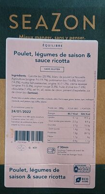 Poulet légumes de saison et sauce ricotta