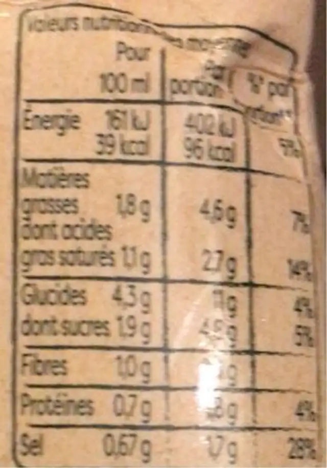 Velouté & legumes du potager nutrition facts table