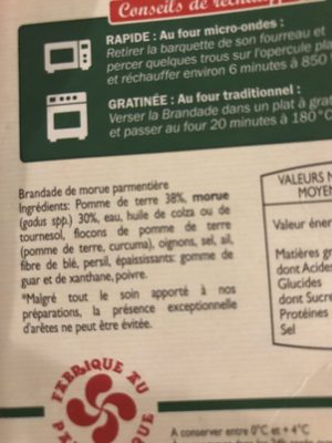 Brandade de morue parmentiere ingredients label
