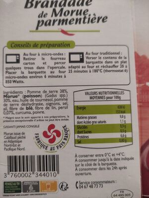 BRANDADE DE MORUE nutrition facts table