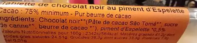 Chocolat noir Piment espelette ingredients label