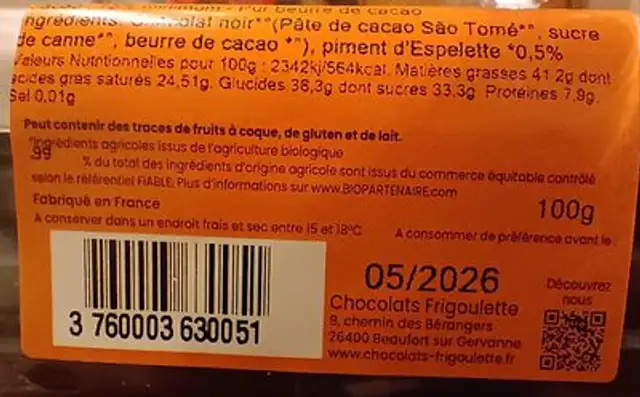 Chocolat noir Piment espelette nutrition facts table
