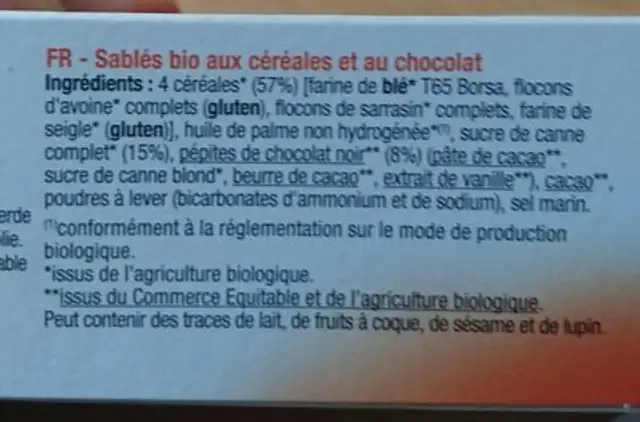 Matins bio 4 céréales chocolat ingredients label