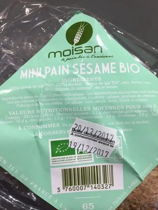 Petit Pain au Sésame ingredients label
