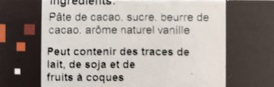 Noir Pérou 65% ingredients label
