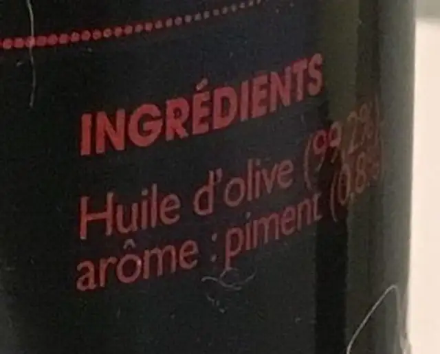 Spray assaisonnement au piment ingredients label