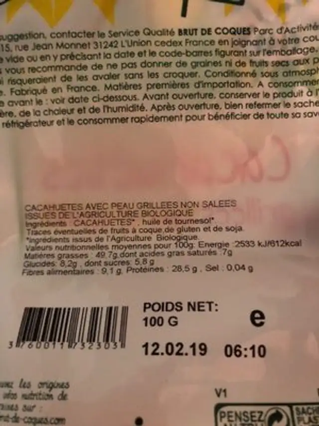 Cacahuètes grillées sans sel ajouté bio ingredients label