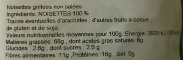 Noisettes grillés ingredients label