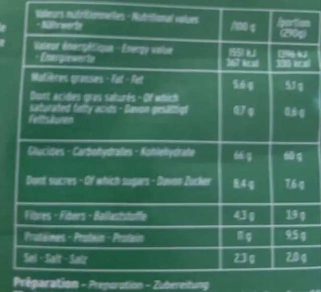 VOYAGER Pâte à la provençal nutrition facts table