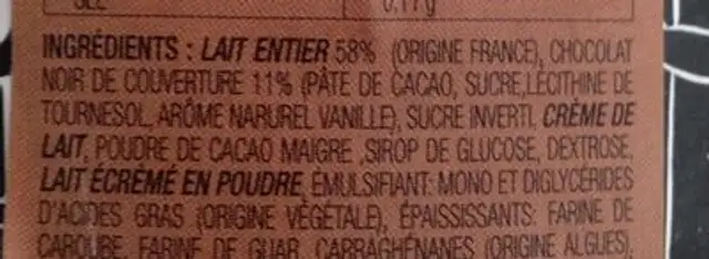 Crème glacée au chocolat ingredients label