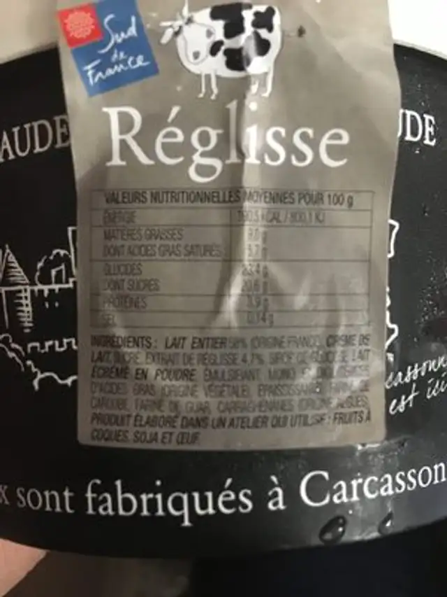 Crème glacée ingredients label