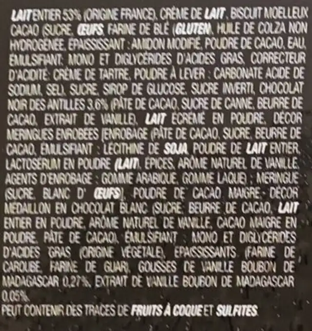 BUCHE GLACEE ingredients label