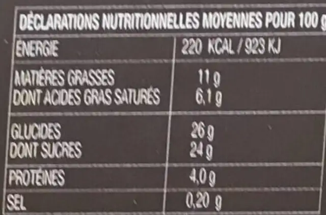BUCHE GLACEE nutrition facts table