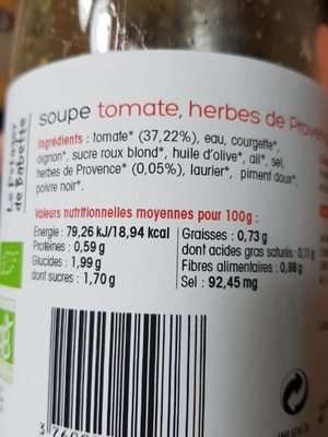 Soupe tomate, Hervés de provence nutrition facts table