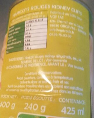 Haricots rouges nutrition facts table