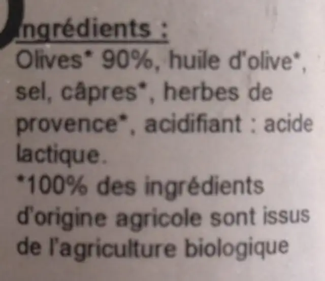Tapenade Noire BIO ingredients label