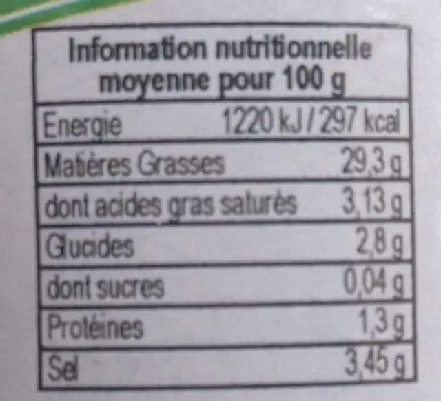 Tapenade Noire BIO nutrition facts table