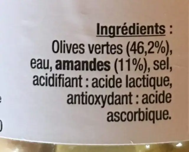 Olives farcies aux amandes ingredients label