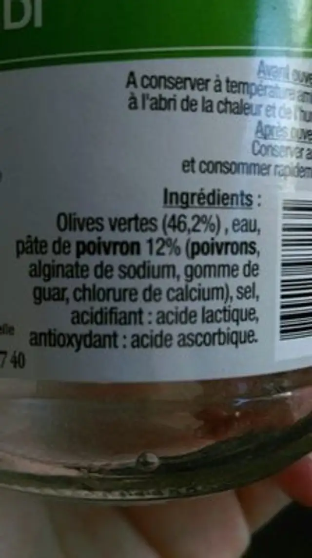 Olives farcie à la pâte de poivrons ingredients label