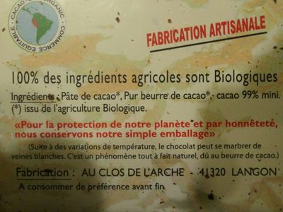 Brut de cacao sans sucre ingredients label