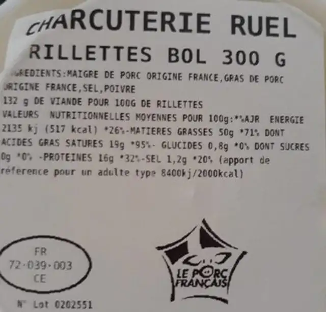 Rillettes de la Sarthe nutrition facts table