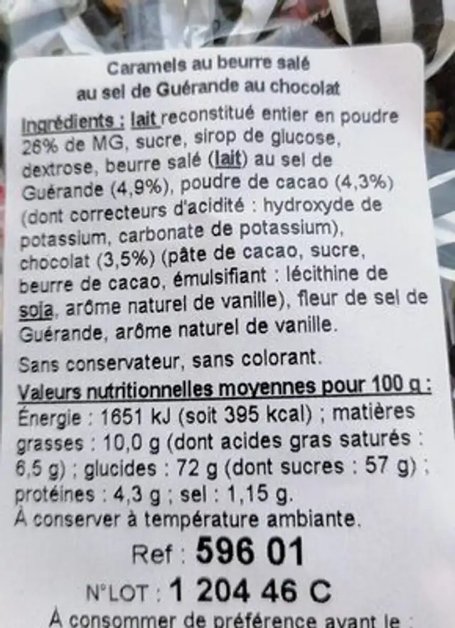 Carabreizh chocolat nutrition facts table