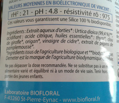 Ortie-silice Bio - 500 ML - Biofloral nutrition facts table