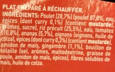 Curry de Poulet ingredients label