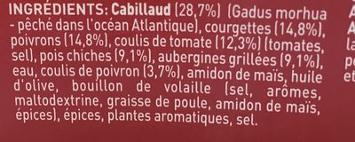 Filet de cabillaud à la provençale légumes ratatouille et pois chiches ingredients label