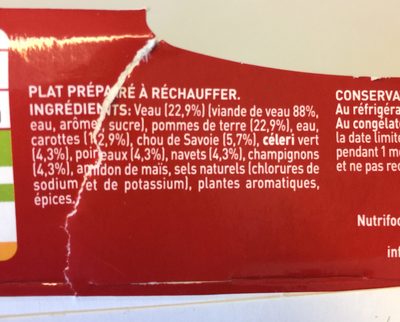 Pot au feu de veau ingredients label