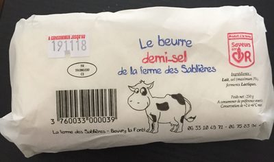 Le beurre demi-sel de la ferme des Sablières front packaging