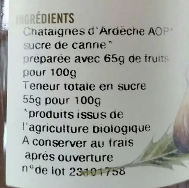 Confiture châtaigne bio ingredients label