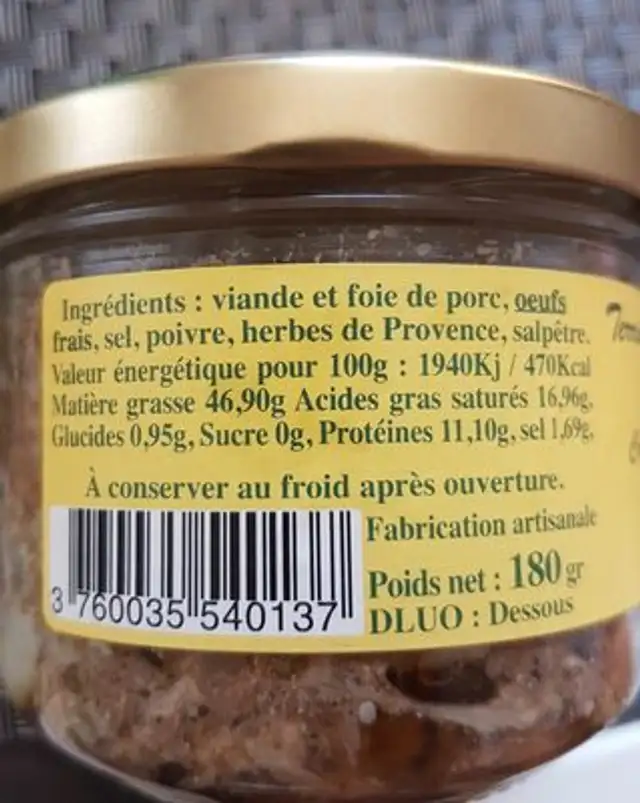 Terrines aux herbes provençales sans lactose ni gluten ingredients label
