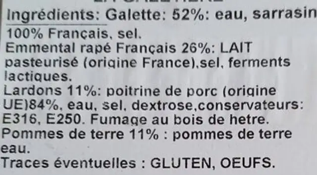 Galette lardons pommes de terre ingredients label