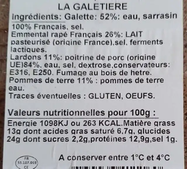 Galette lardons pommes de terre nutrition facts table