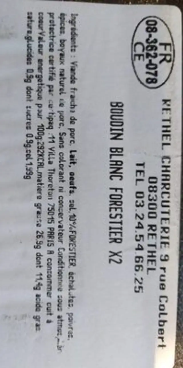 Boudin blanc de rethel forestier 10% nutrition facts table
