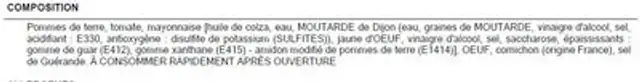 Salade Piémontaise ingredients label