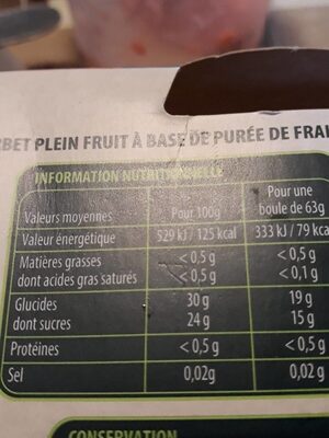 Sorbet plein fruit Fraise BIO nutrition facts table