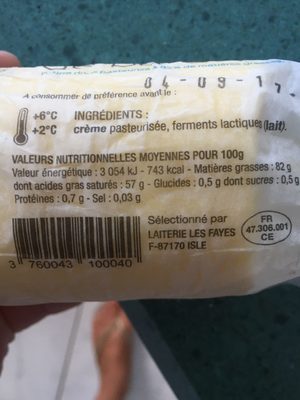 Beurre de baratte extra fin ingredients label