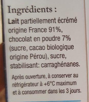Le Lait chocolaté des Limousins ingredients label