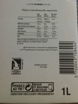 Le Lait des Limousins ingredients label